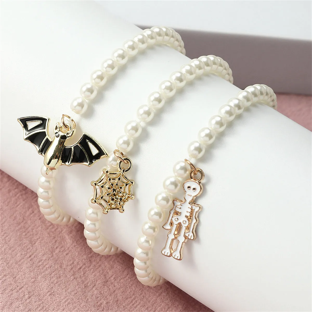 Pearl & Enamel 18K Gold-Plated Bat Stretch Charm Bracelet Set