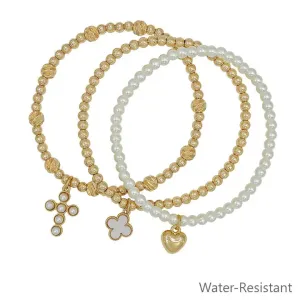 Pearl and Cross Charm Stretch Water Resistant Bracelets Set