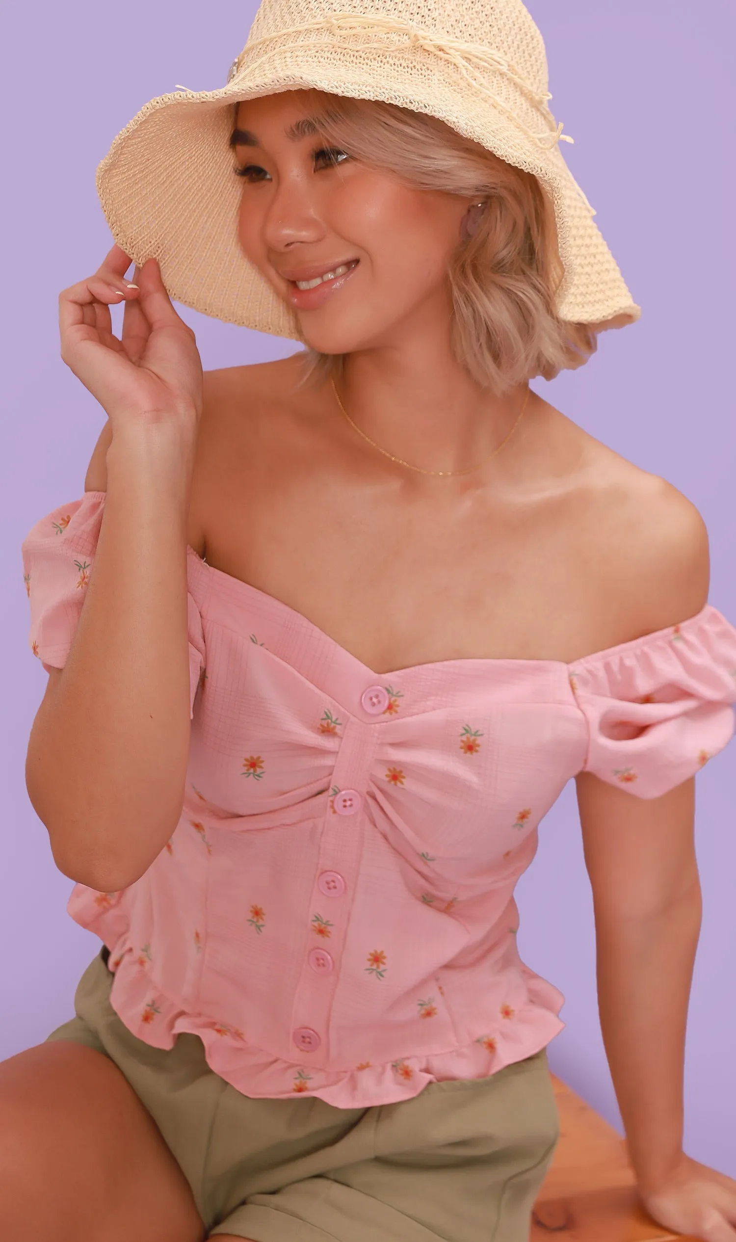 PENELOPE Sweetheart-Neck Puff-Sleeve Top (Pink)
