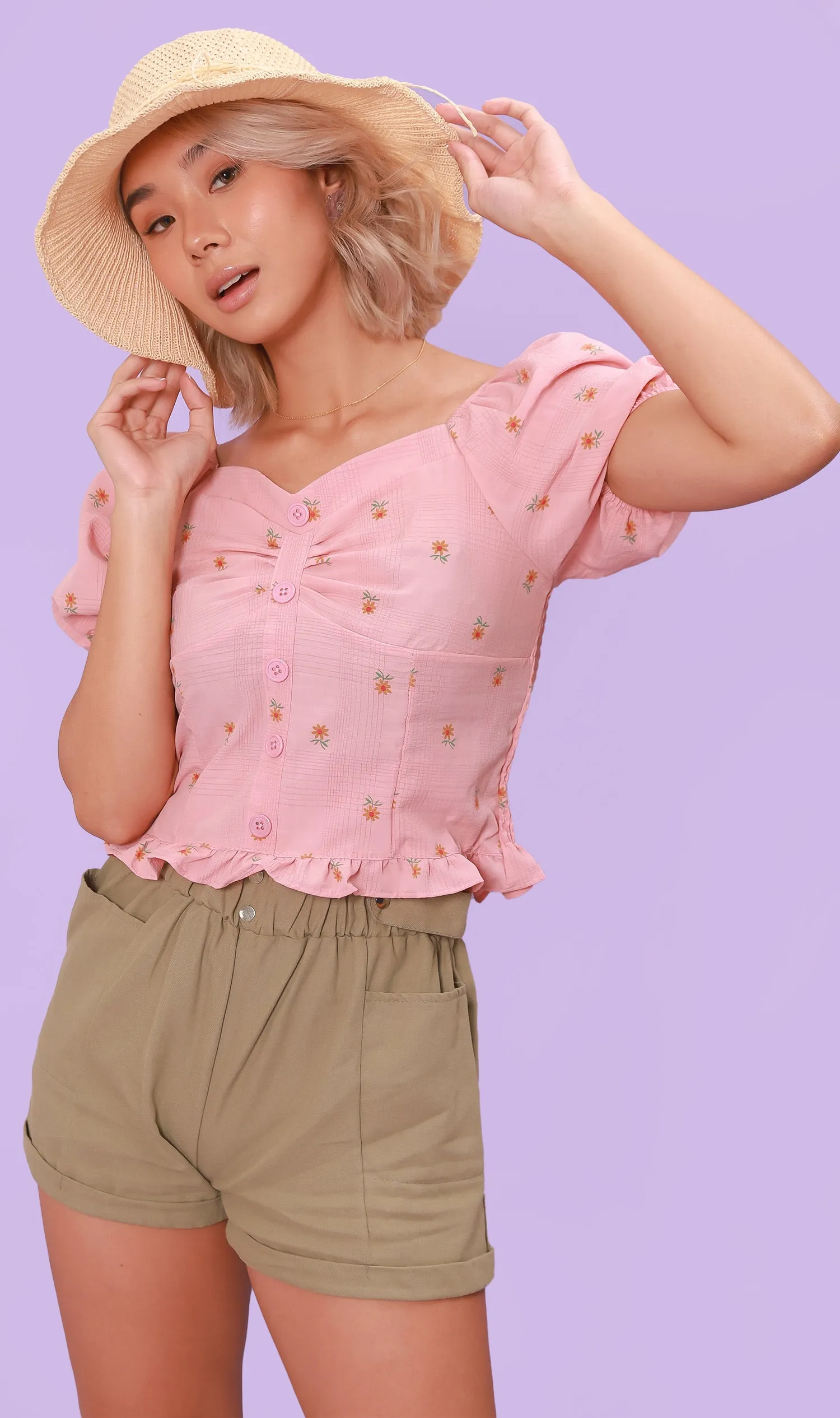 PENELOPE Sweetheart-Neck Puff-Sleeve Top (Pink)