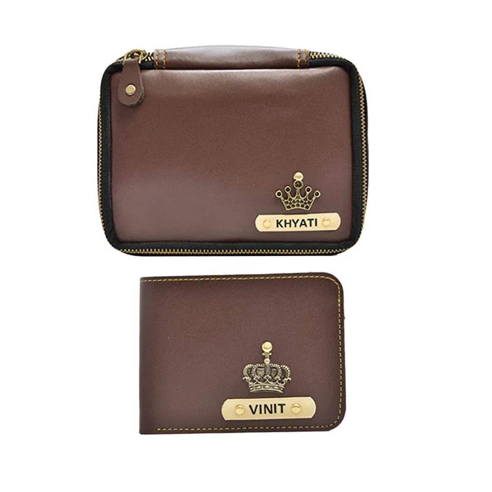 Personalized Couple's Combo : Mini Makeup Kit & Men's Wallet- Brown