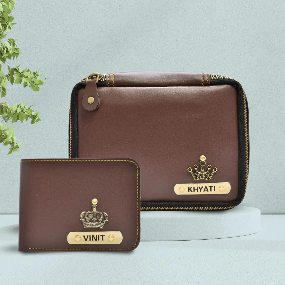 Personalized Couple's Combo : Mini Makeup Kit & Men's Wallet- Brown