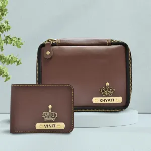 Personalized Couple's Combo : Mini Makeup Kit & Men's Wallet- Brown