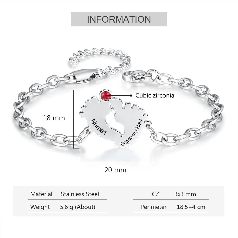 Personalized Engraving Name & Date Baby Feet Charm Bracelet Stainless Steel Custom Birthstone Bracelet Gifts for Mother