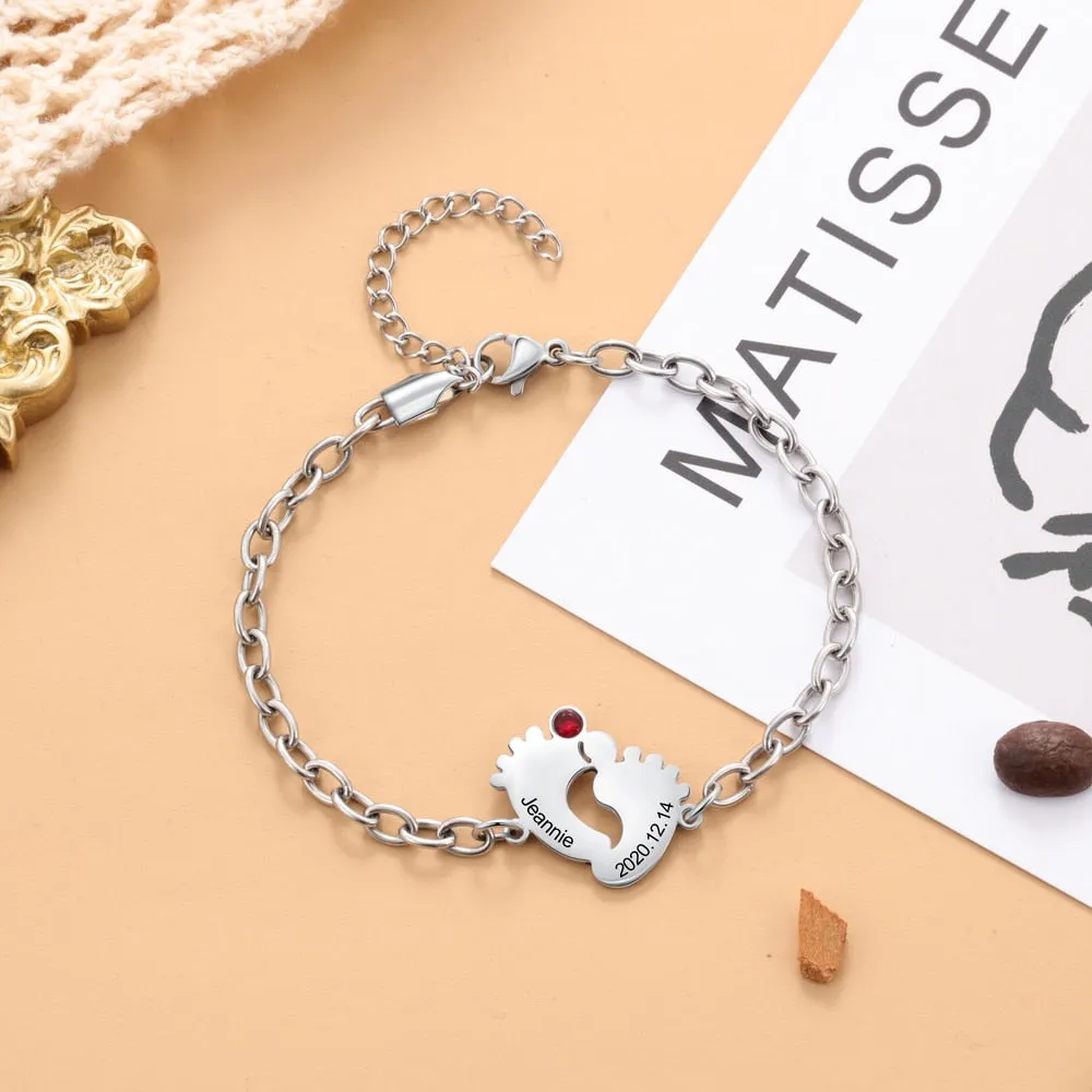Personalized Engraving Name & Date Baby Feet Charm Bracelet Stainless Steel Custom Birthstone Bracelet Gifts for Mother