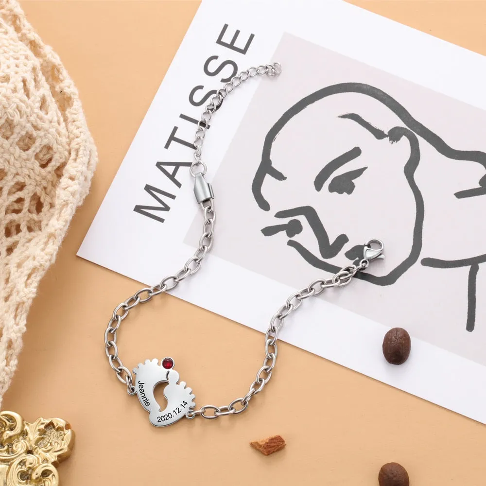 Personalized Engraving Name & Date Baby Feet Charm Bracelet Stainless Steel Custom Birthstone Bracelet Gifts for Mother