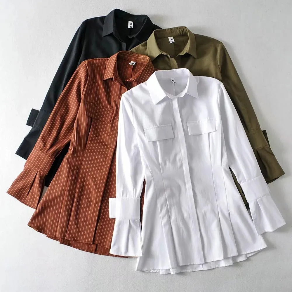 Pile Collar Single-breasted Shirred Frill Shirts Mini Dresses