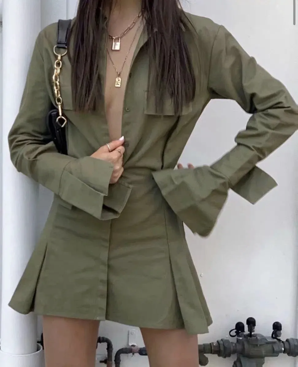 Pile Collar Single-breasted Shirred Frill Shirts Mini Dresses