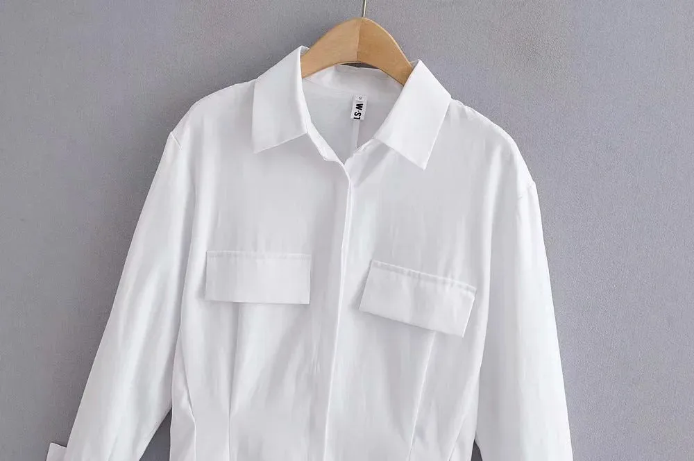 Pile Collar Single-breasted Shirred Frill Shirts Mini Dresses