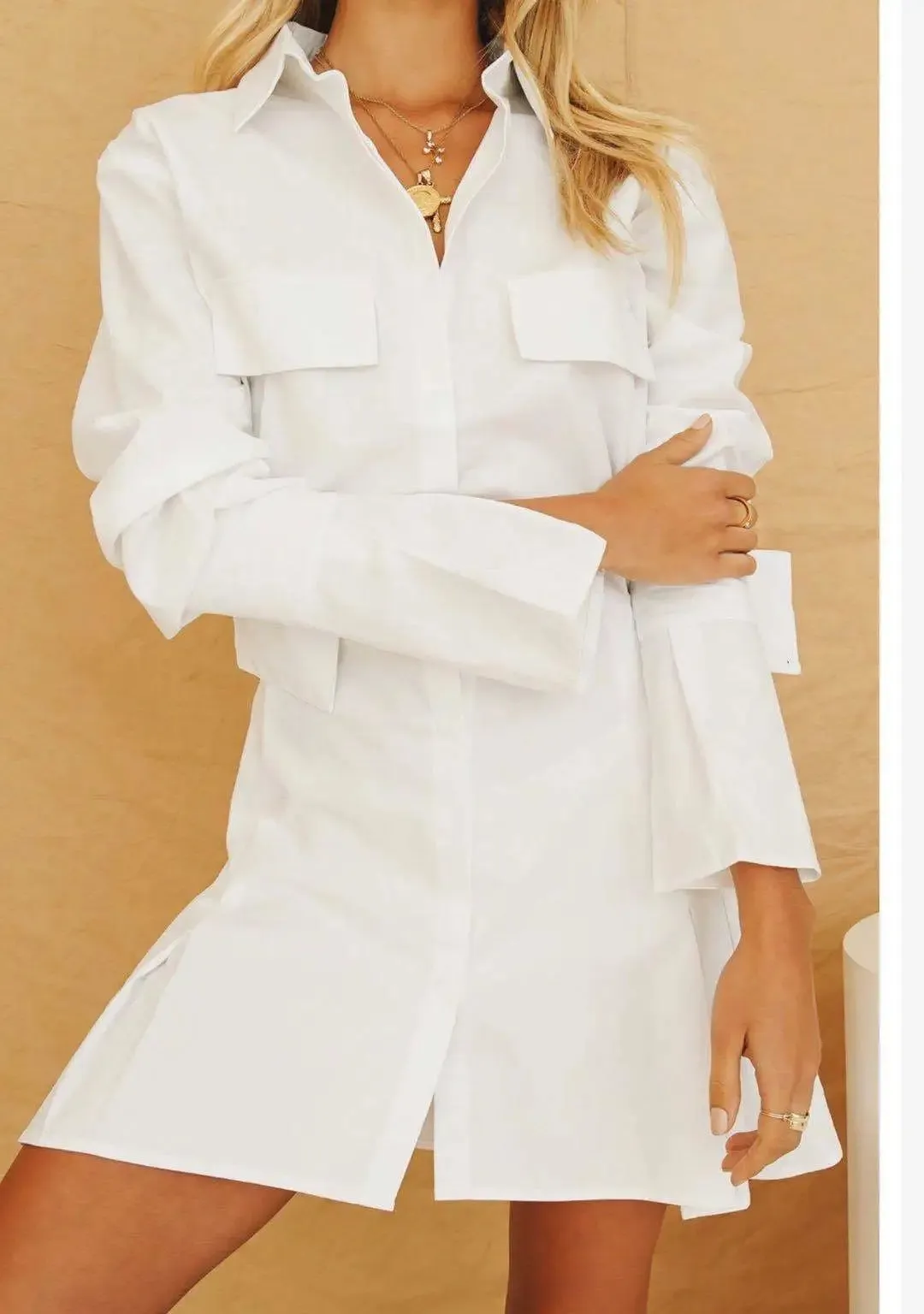 Pile Collar Single-breasted Shirred Frill Shirts Mini Dresses