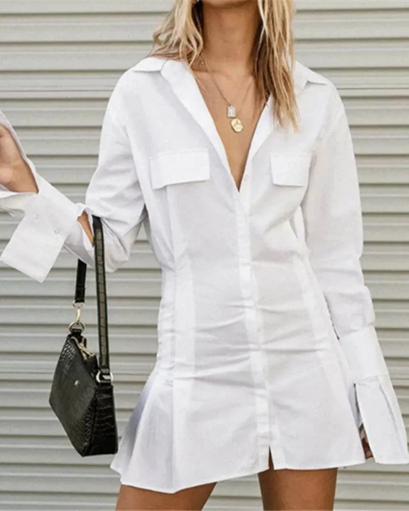 Pile Collar Single-breasted Shirred Frill Shirts Mini Dresses