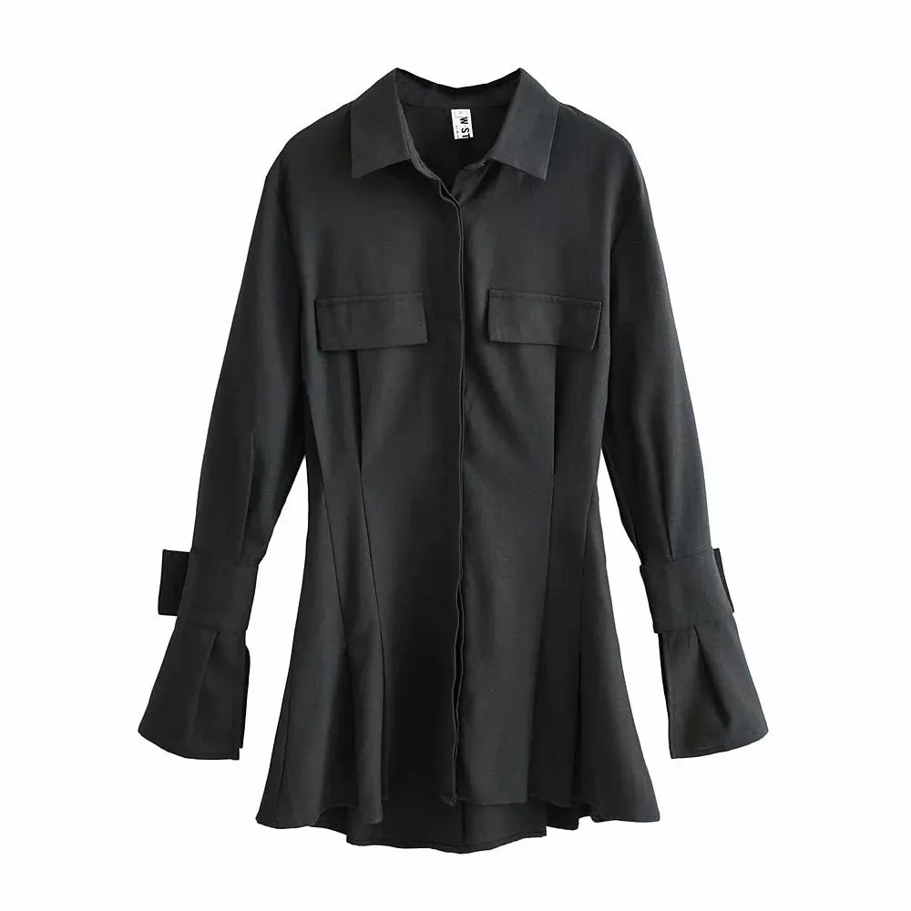 Pile Collar Single-breasted Shirred Frill Shirts Mini Dresses