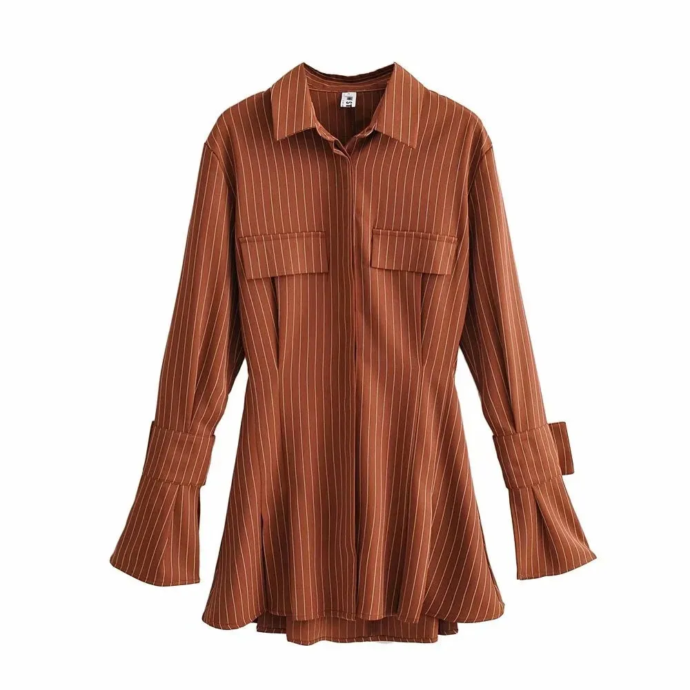 Pile Collar Single-breasted Shirred Frill Shirts Mini Dresses