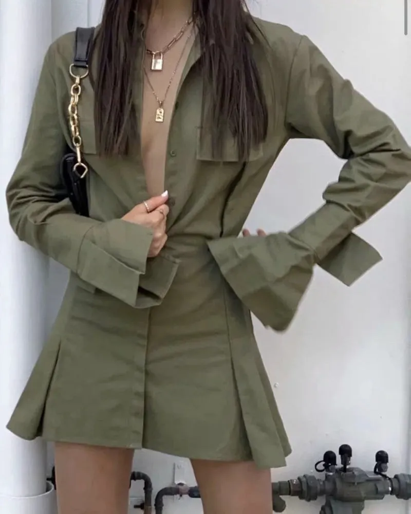 Pile Collar Single-breasted Shirred Frill Shirts Mini Dresses