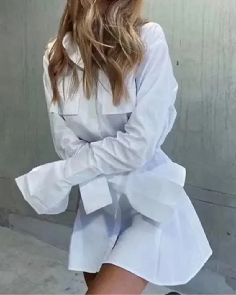 Pile Collar Single-breasted Shirred Frill Shirts Mini Dresses