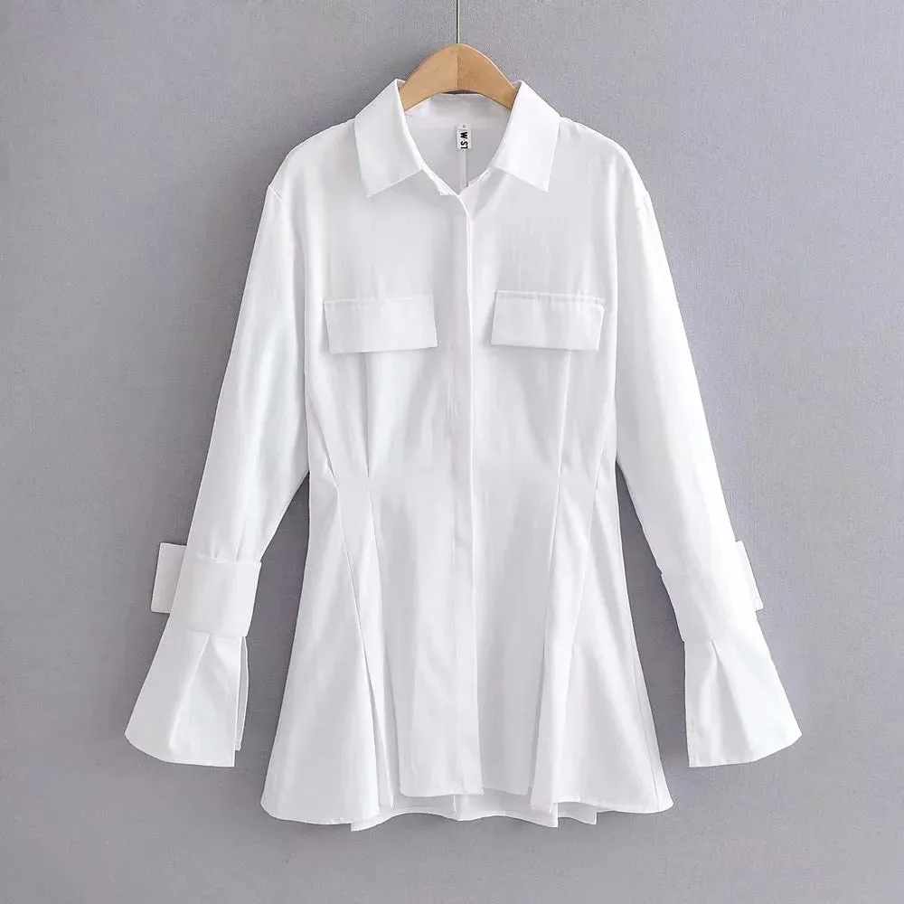 Pile Collar Single-breasted Shirred Frill Shirts Mini Dresses