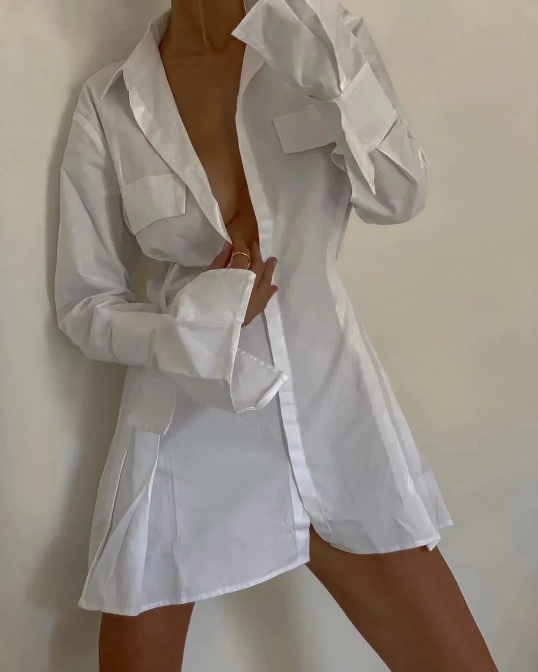 Pile Collar Single-breasted Shirred Frill Shirts Mini Dresses