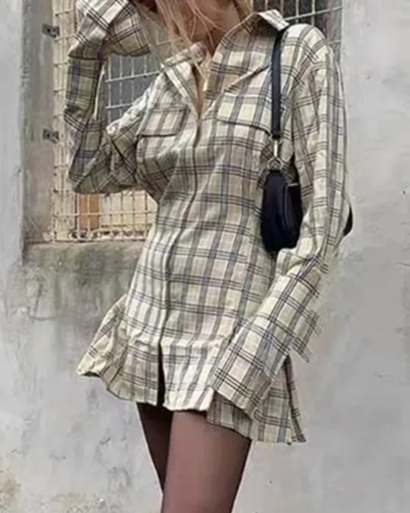 Pile Collar Single-breasted Shirred Frill Shirts Mini Dresses