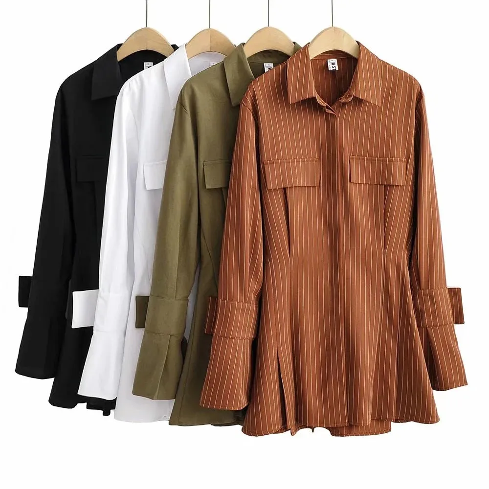 Pile Collar Single-breasted Shirred Frill Shirts Mini Dresses