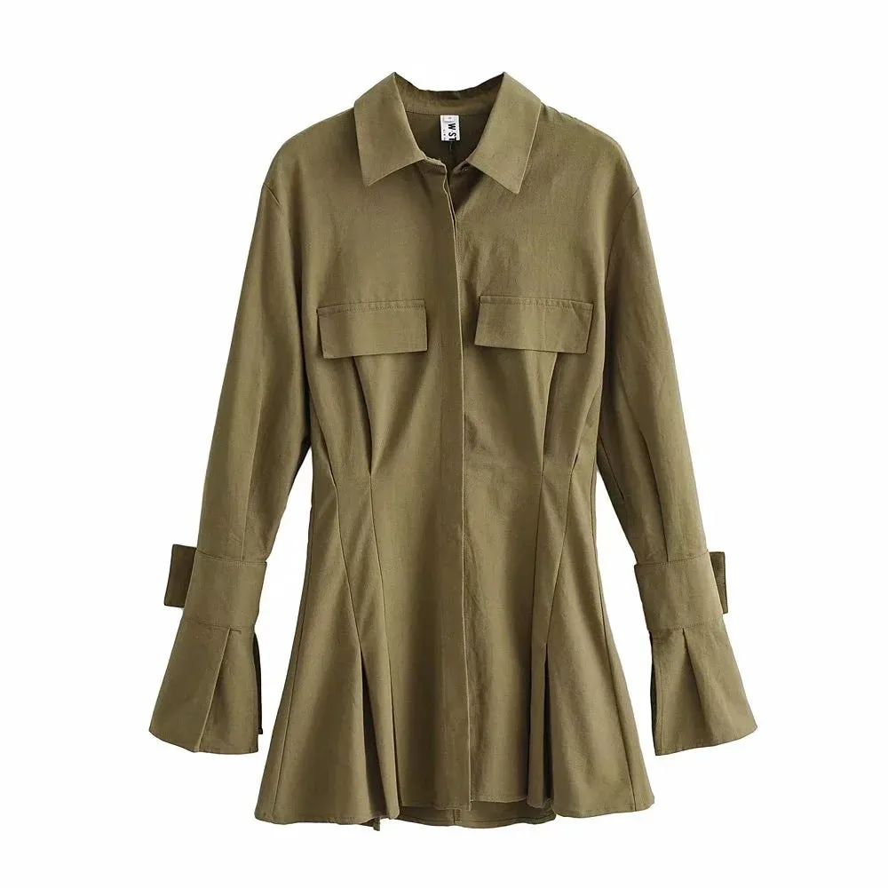 Pile Collar Single-breasted Shirred Frill Shirts Mini Dresses