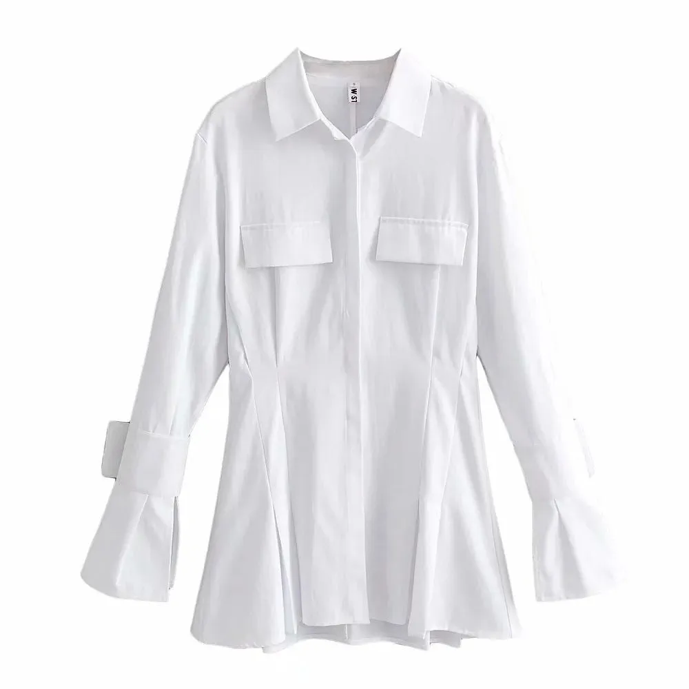 Pile Collar Single-breasted Shirred Frill Shirts Mini Dresses