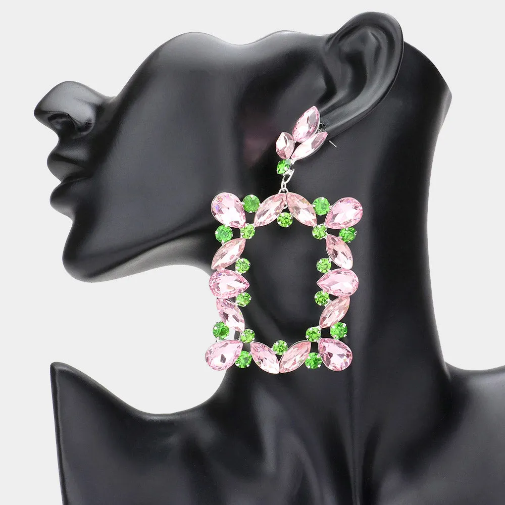 Pink & Green Stone Open Rectangle Dangle Pageant Earrings | Prom Earrings |  610661