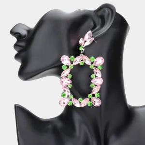 Pink & Green Stone Open Rectangle Dangle Pageant Earrings | Prom Earrings |  610661