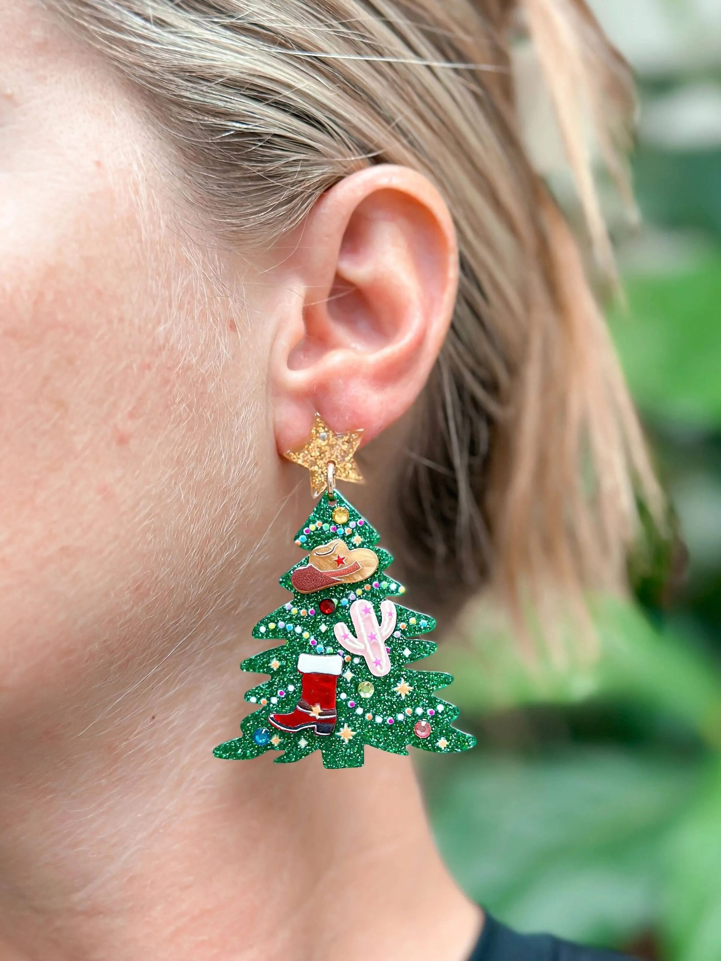 Pink Cactus Christmas Tree Earrings
