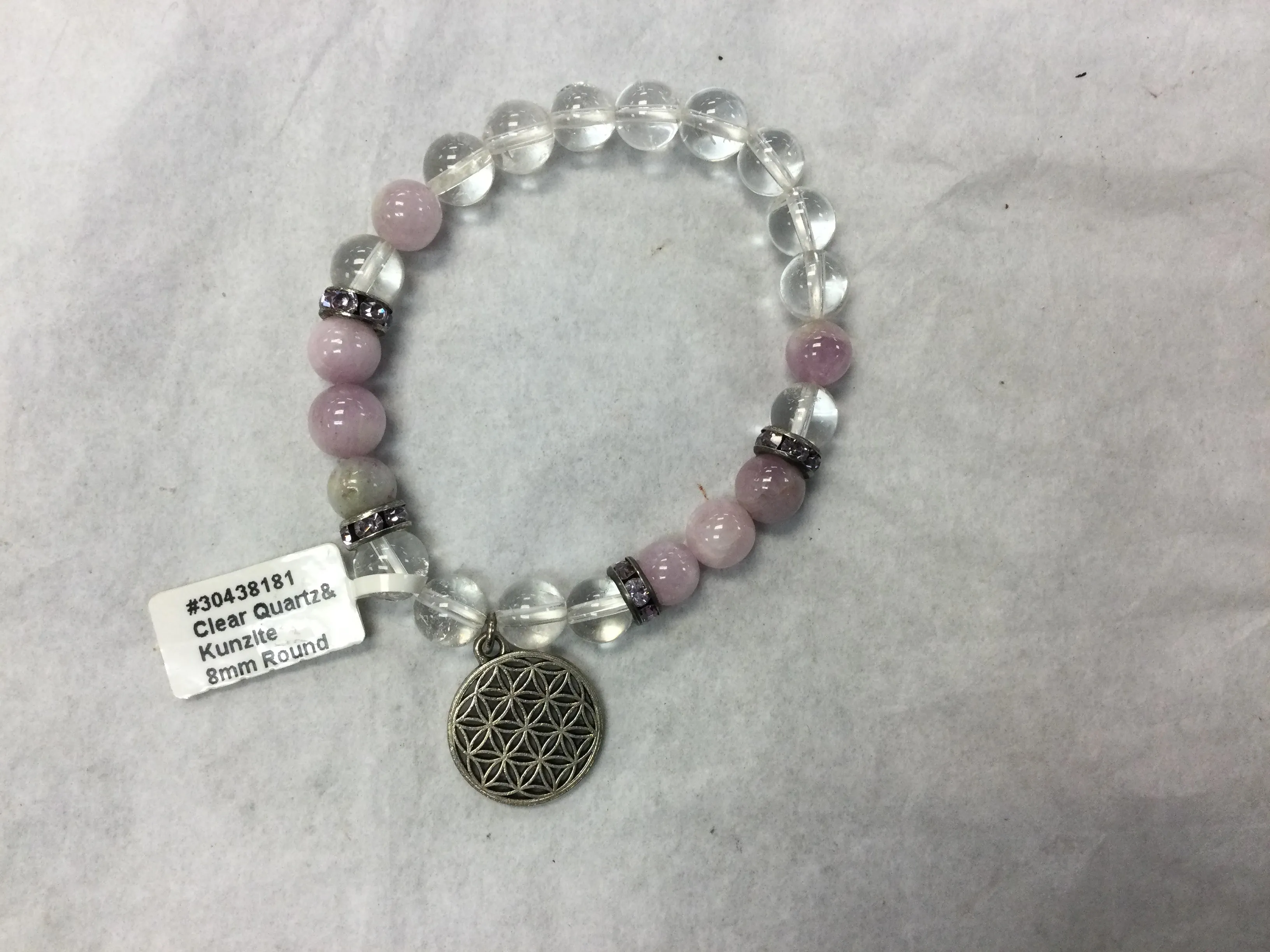 Pink Kunzite and Clear Quartz Bracelet with Geometric Charm
