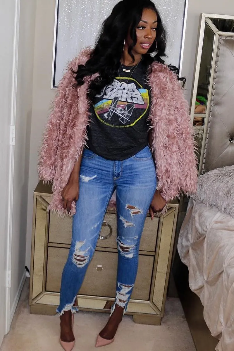Pink Shaggy Faux Fur Coat - Evalina