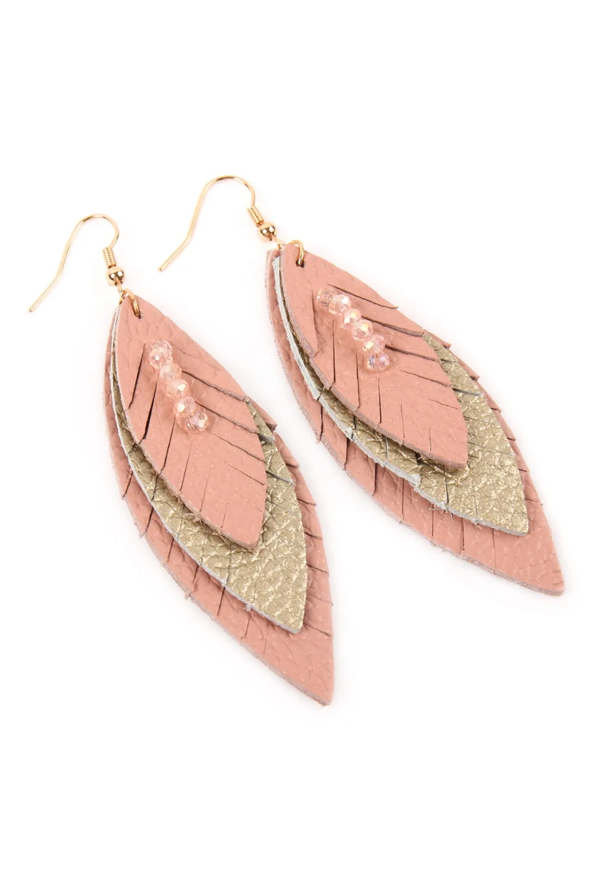 Pink Three Layer Fringed Leather Marquise Earrings - Pack of 6