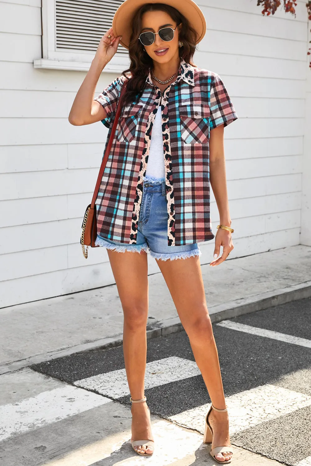 Plaid Leopard Patchwork Pocket Short Sleeve Shirt