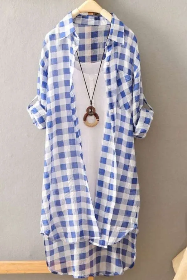 Plaid Printing Cotton Long Blouse (Fit 108lbs - 160lbs)