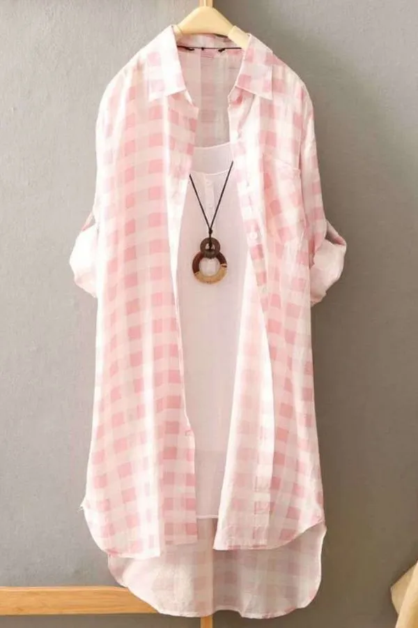 Plaid Printing Cotton Long Blouse (Fit 108lbs - 160lbs)