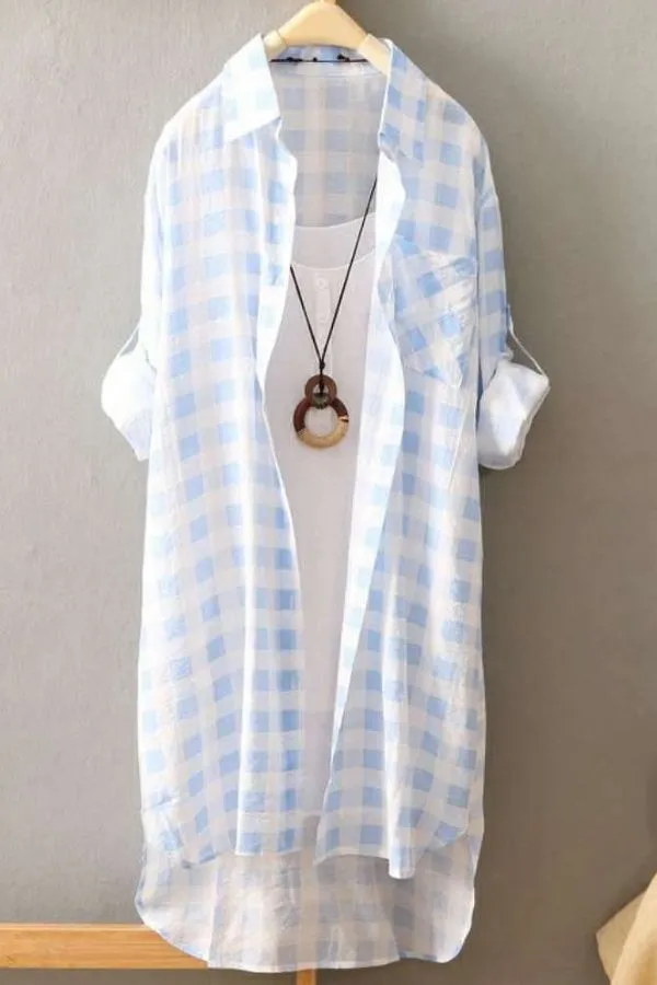 Plaid Printing Cotton Long Blouse (Fit 108lbs - 160lbs)