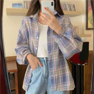 Plaid Shirts Women Sleeve Cardigan Vintage Button Up