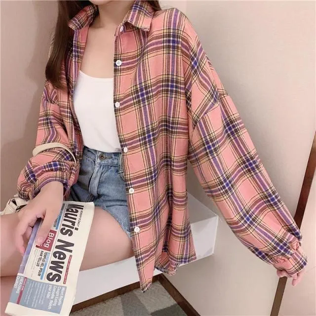 Plaid Shirts Women Sleeve Cardigan Vintage Button Up