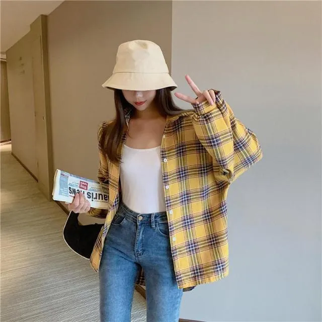 Plaid Shirts Women Sleeve Cardigan Vintage Button Up