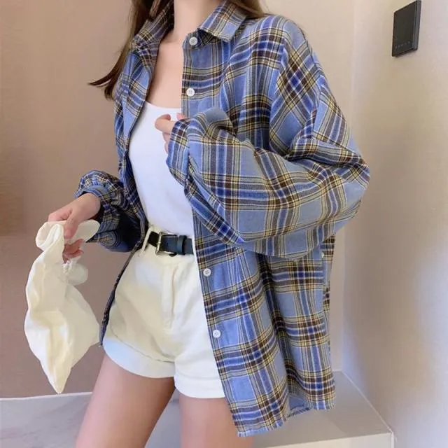 Plaid Shirts Women Sleeve Cardigan Vintage Button Up