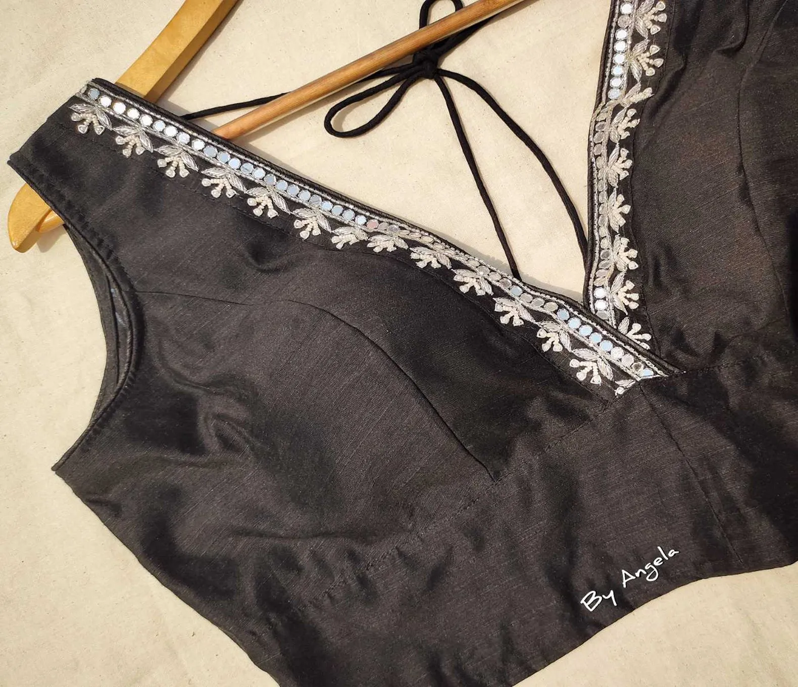 Plunged Embroidered Neckline Sleeveless Blouse - Black