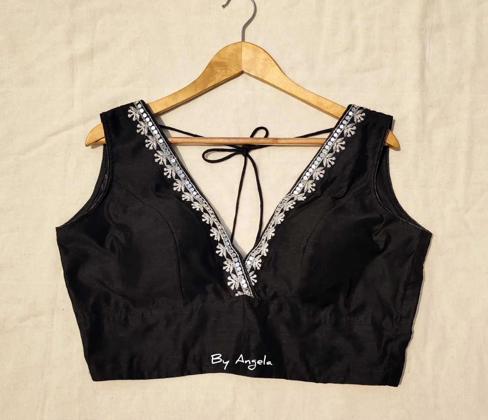 Plunged Embroidered Neckline Sleeveless Blouse - Black