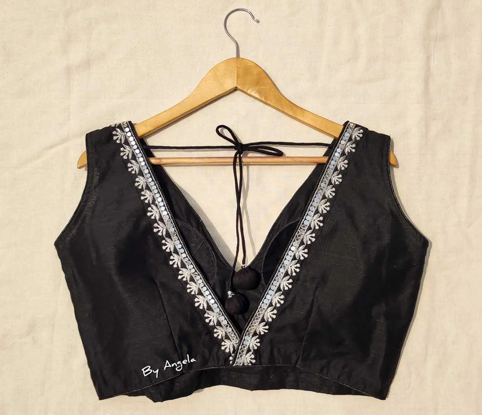Plunged Embroidered Neckline Sleeveless Blouse - Black
