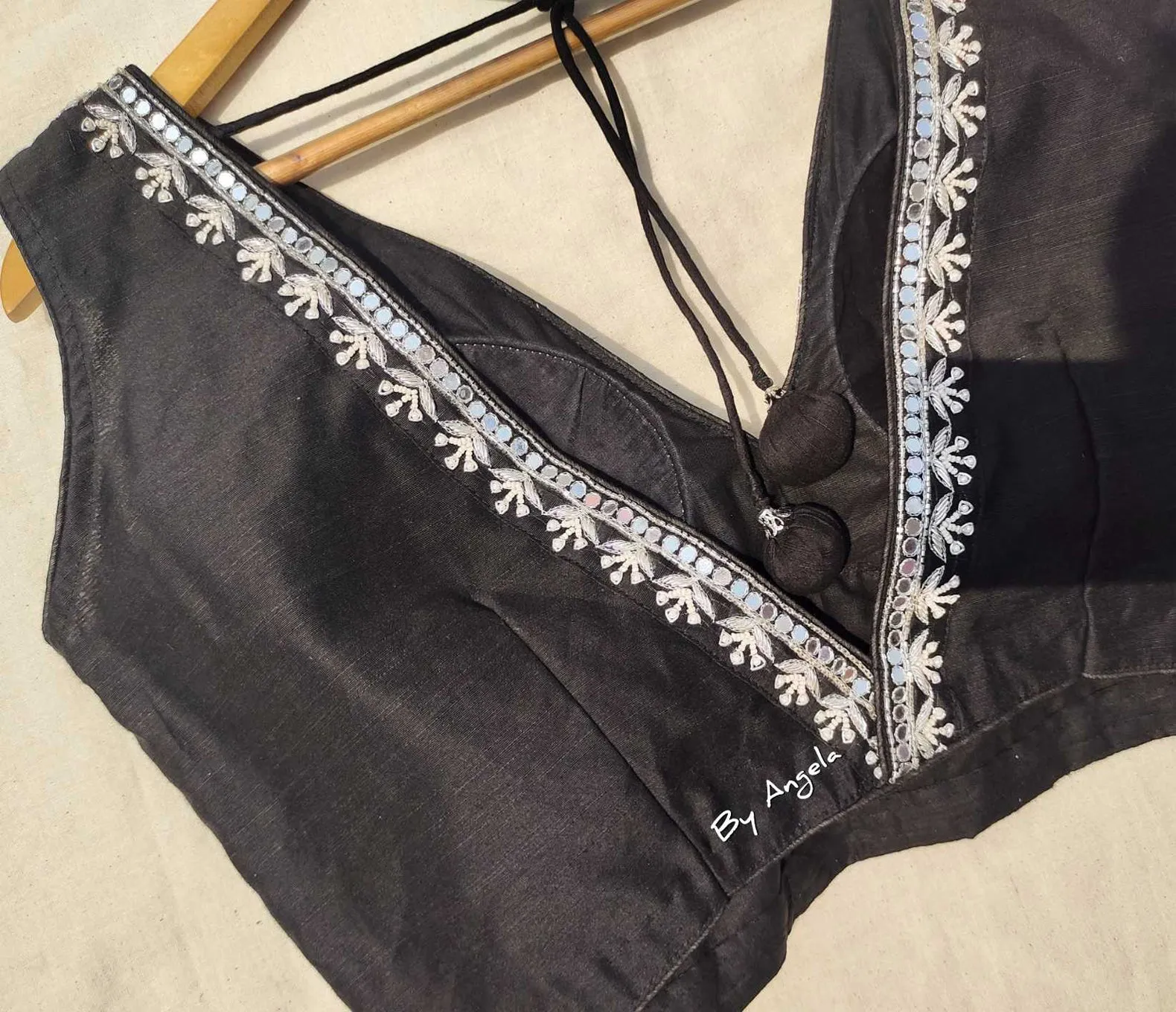 Plunged Embroidered Neckline Sleeveless Blouse - Black
