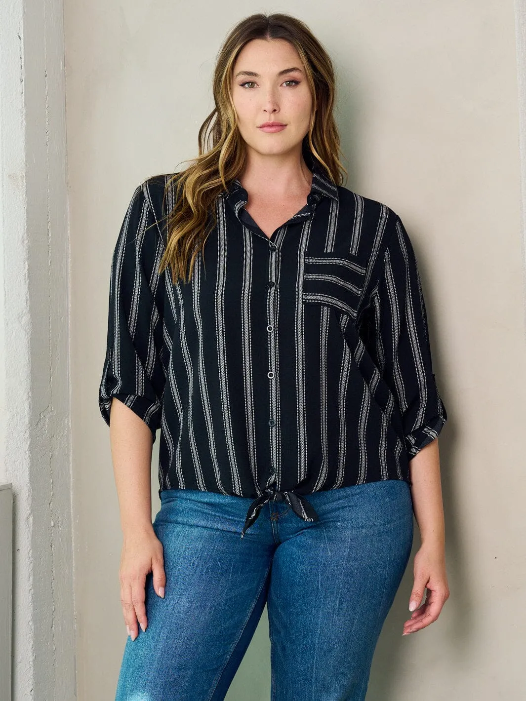 PLUS SIZE 3/4 SLEEVE BUTTON UP STRIPES BLOUSE TOP