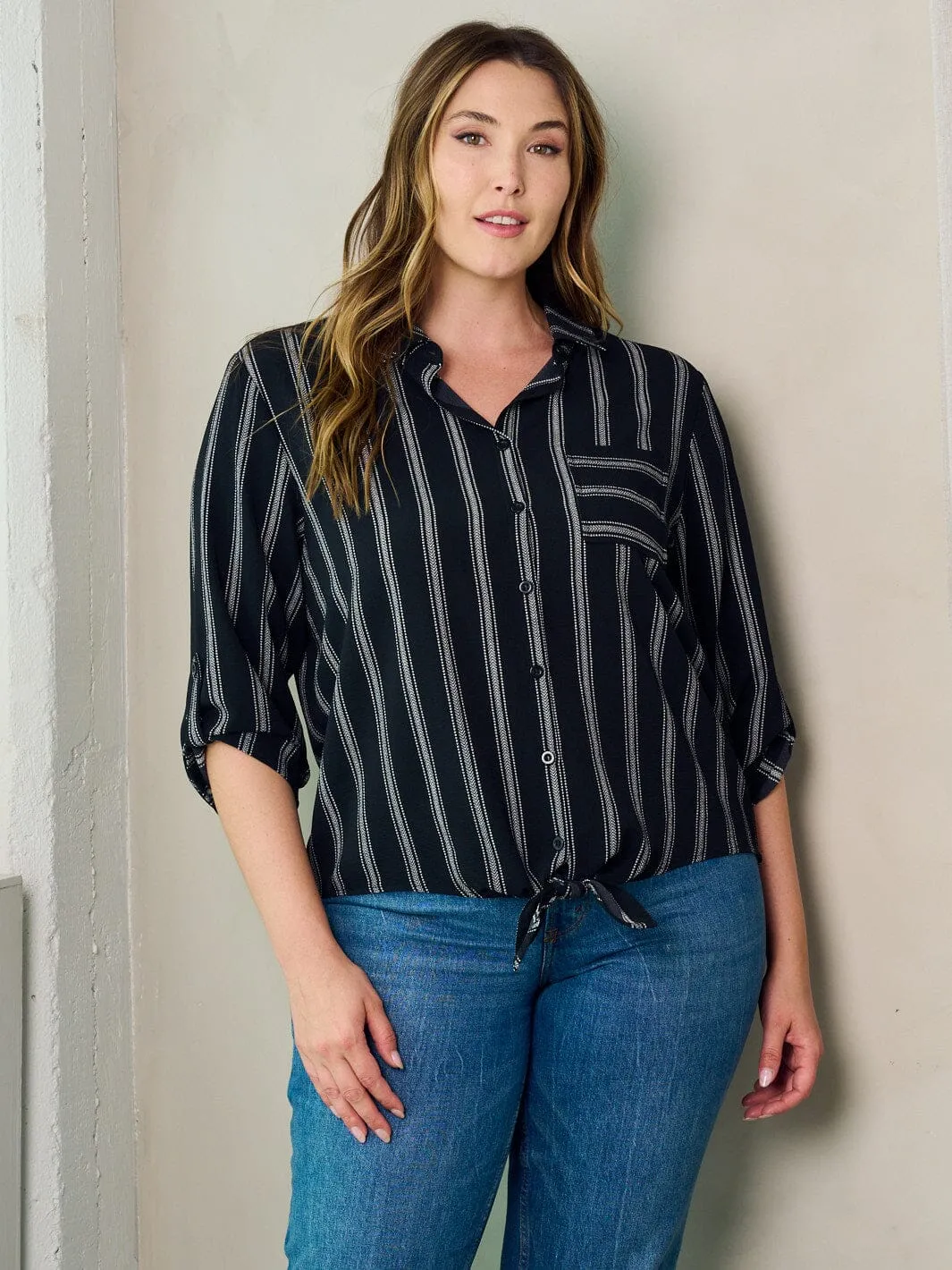 PLUS SIZE 3/4 SLEEVE BUTTON UP STRIPES BLOUSE TOP