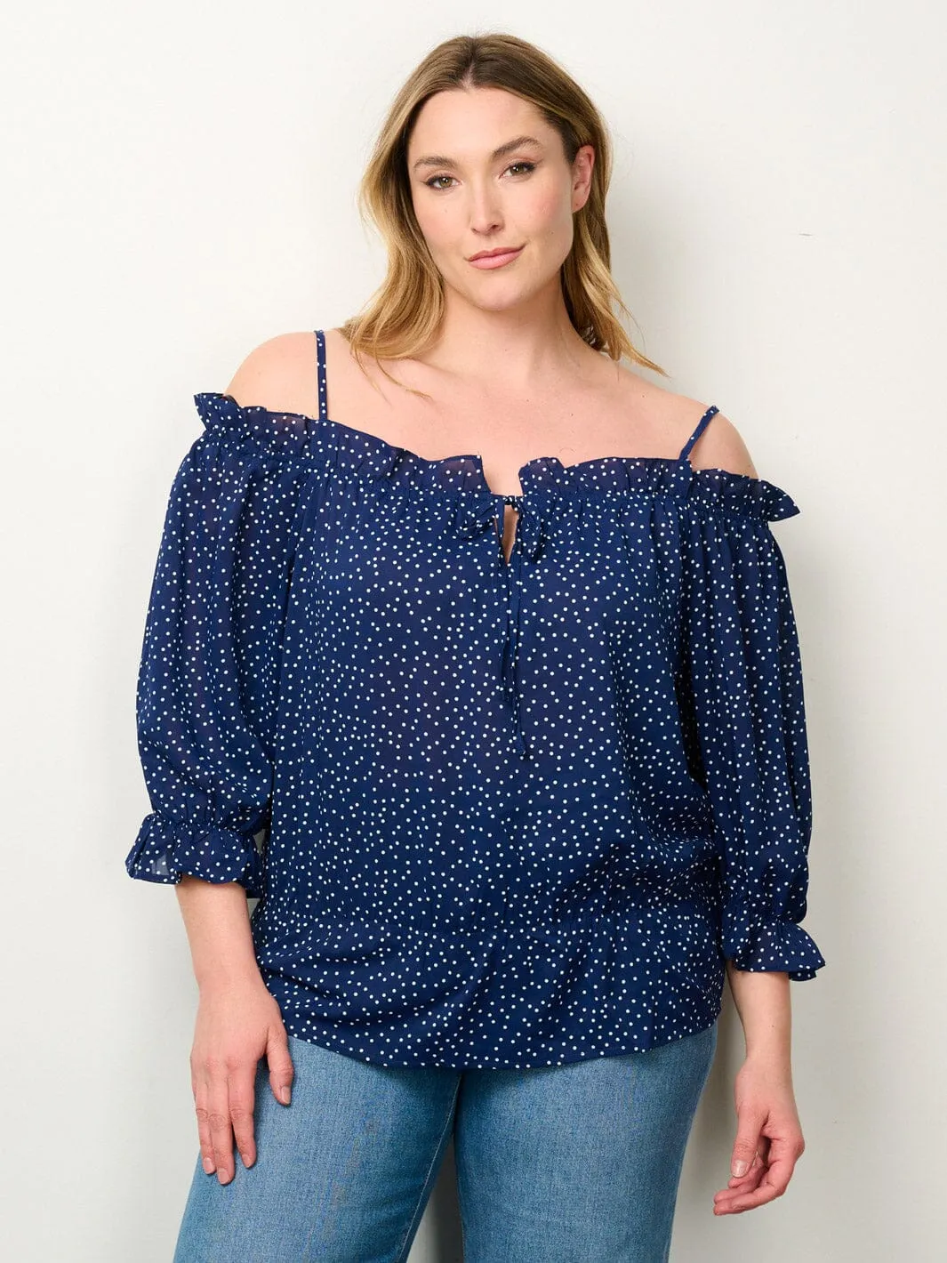 PLUS SIZE 3/4 SLEEVE OFF SHOULDER POLKA DOTS TOP