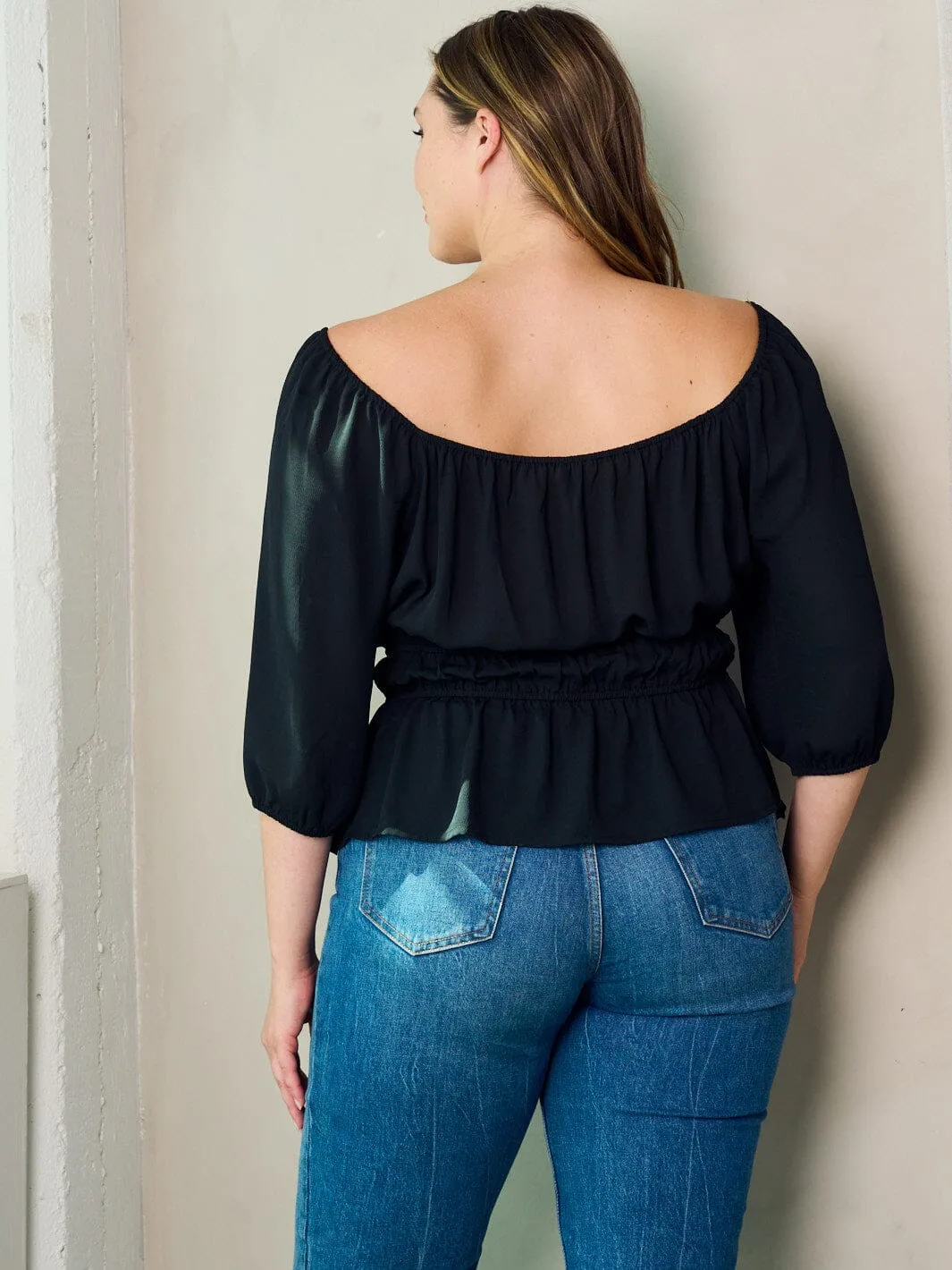 PLUS SIZE 3/4 SLEEVE V-NEECK PEPLUM BLOUSE TOP