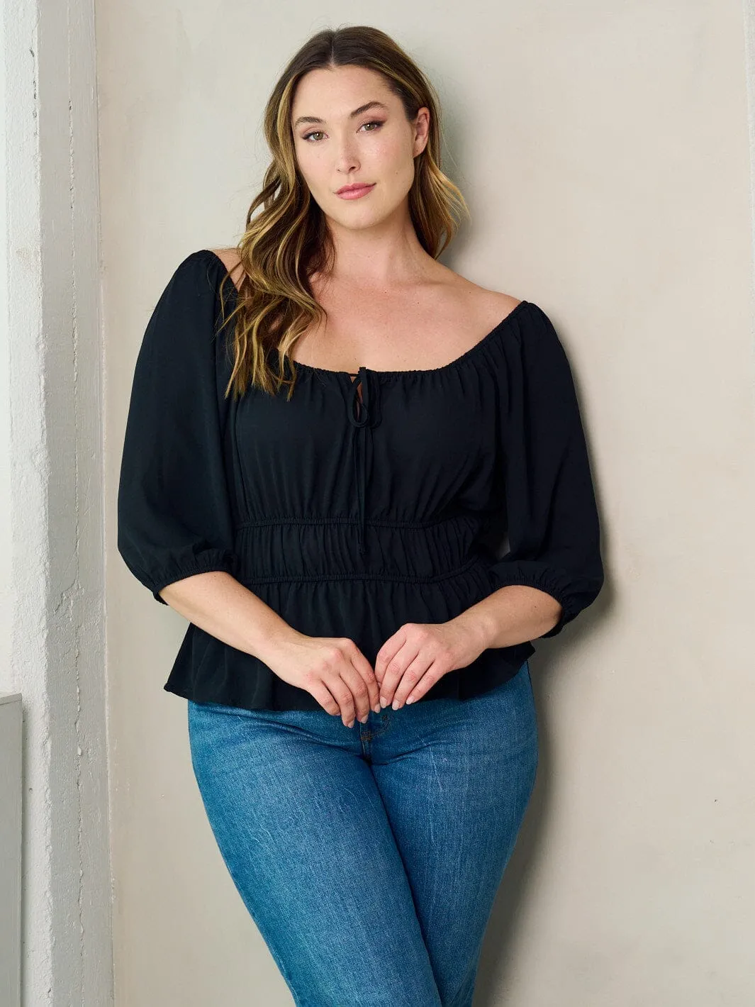 PLUS SIZE 3/4 SLEEVE V-NEECK PEPLUM BLOUSE TOP