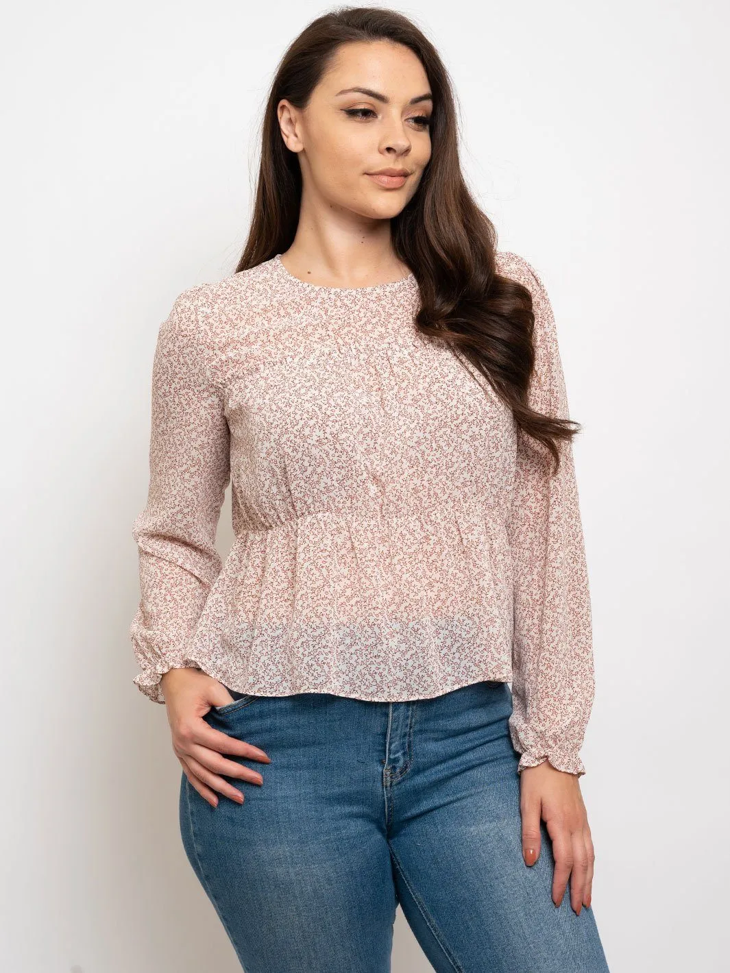 PLUS SIZE FLORAL PRINTED PUFF SLEEVES TOP