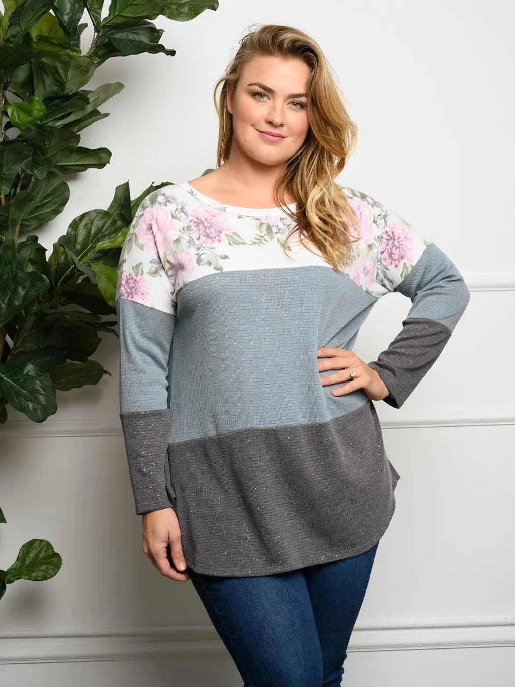PLUS SIZE LONG SLEEVE COLORBLOCK TOP